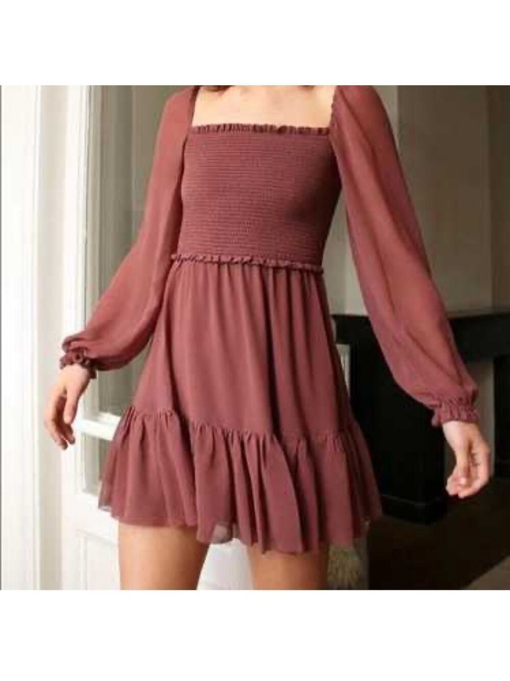 Aritzia Wilfred tempest sunrise rust peasant mini prairie sheer sleeve dress xs